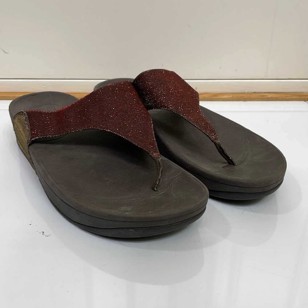 FitFlop Lulu Chocolate thong metallic glitter platform sandals flip flop…